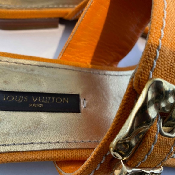 LOUIS VUITTON ORANGE CANVAS THONG SANDALS GOLD BUCKLE SZ 36-6 ITALY FLATS SLIDES - Picture 3 of 10